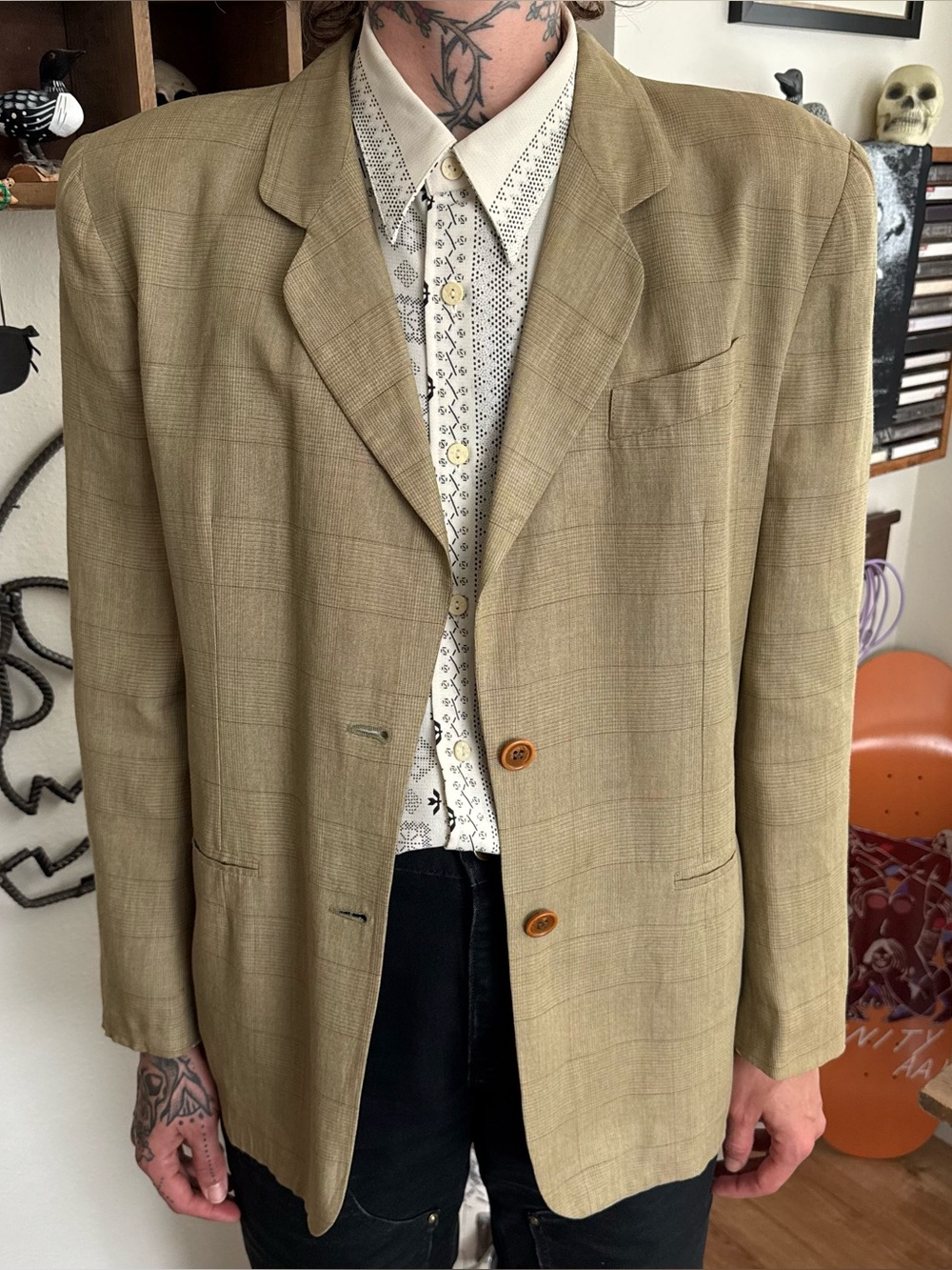 Vintage 80s 90s Khaki Plaid Italian Blazer Retro Linen Rayon Blend ~ Size Large